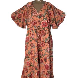 NEW BANJANAN Womens Midi Dress Peach Pink Size L Poppy Protea Crabapple